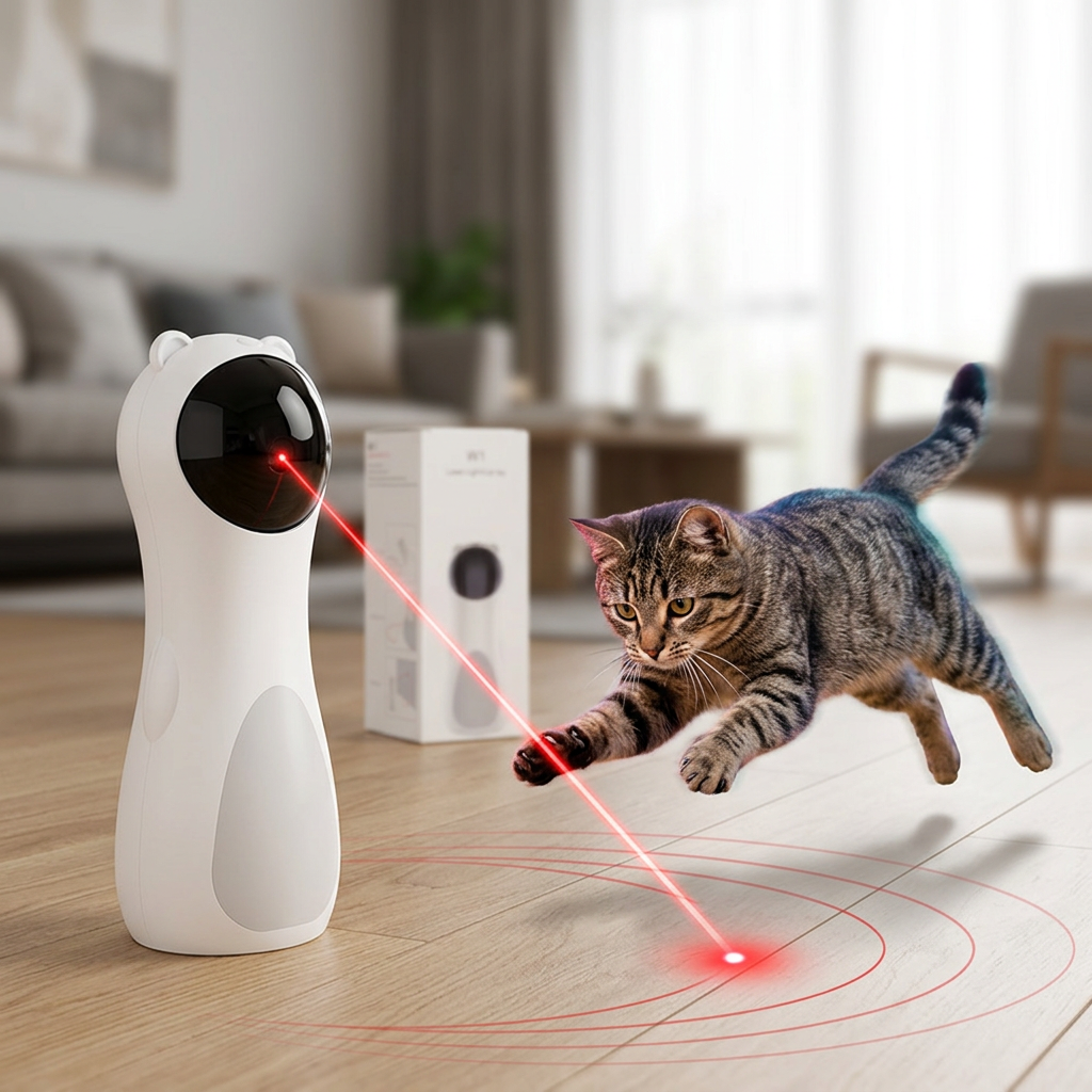 Tabby cat jumping and reaching for a red laser light from a white bear-shaped toy on the floor