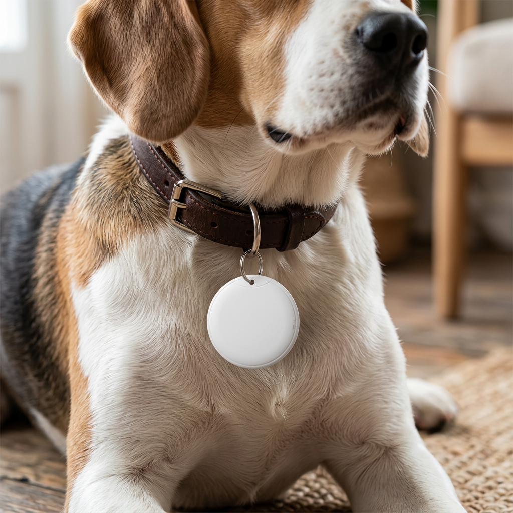 Close-up of a beagle dog lying down wearing a collar with a round white tag