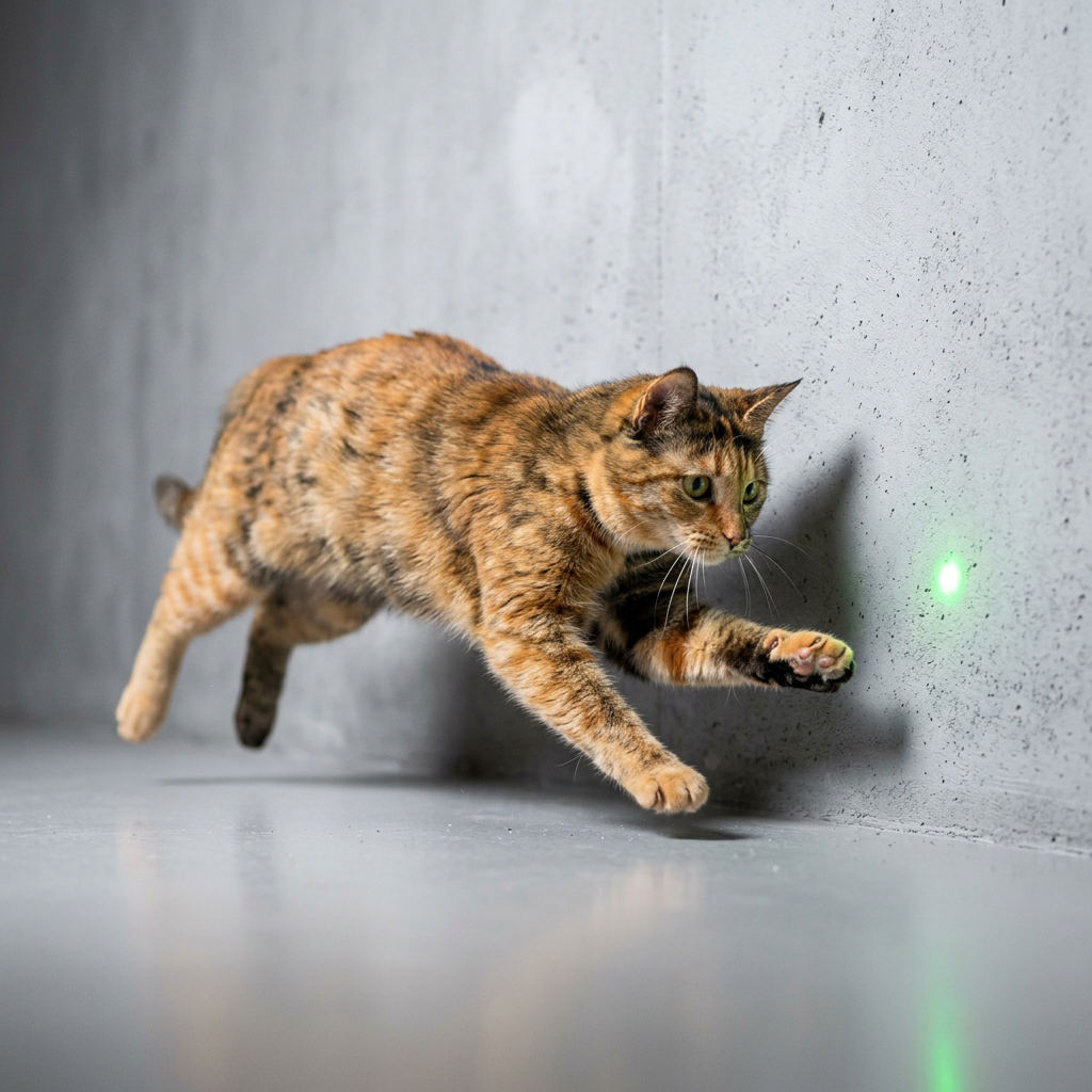 A brown tabby cat leaping mid-air towards a green laser dot on a gray wall.