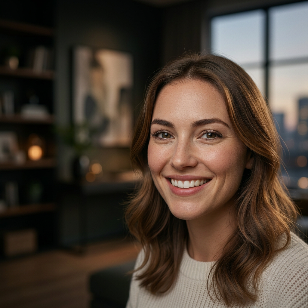 Close-up of a happy woman with brown hair smiling in a warmly lit room