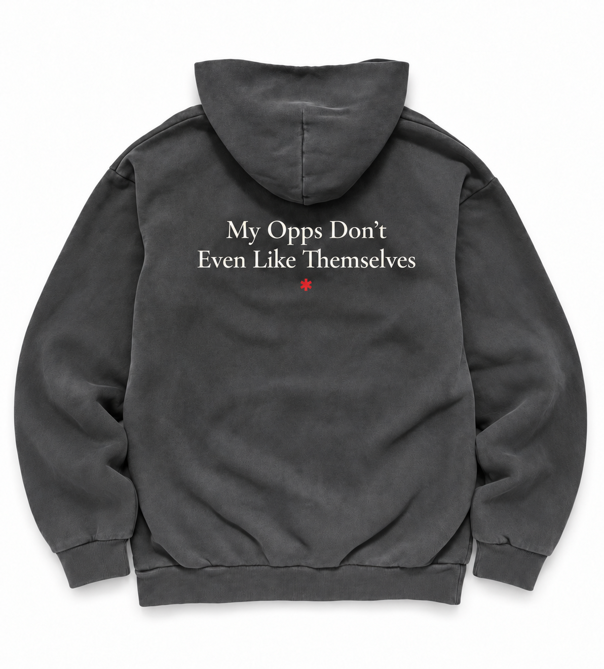 Back of the Opps Hoodie in washed charcoal fleece with the "My Opps Don't Even Like Themselves" serif print and red asterisk