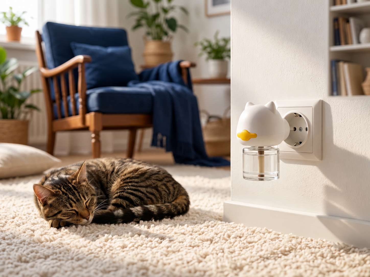 Le diffuseur branché au mur du salon, près d'un chat tigré endormi sur un tapis