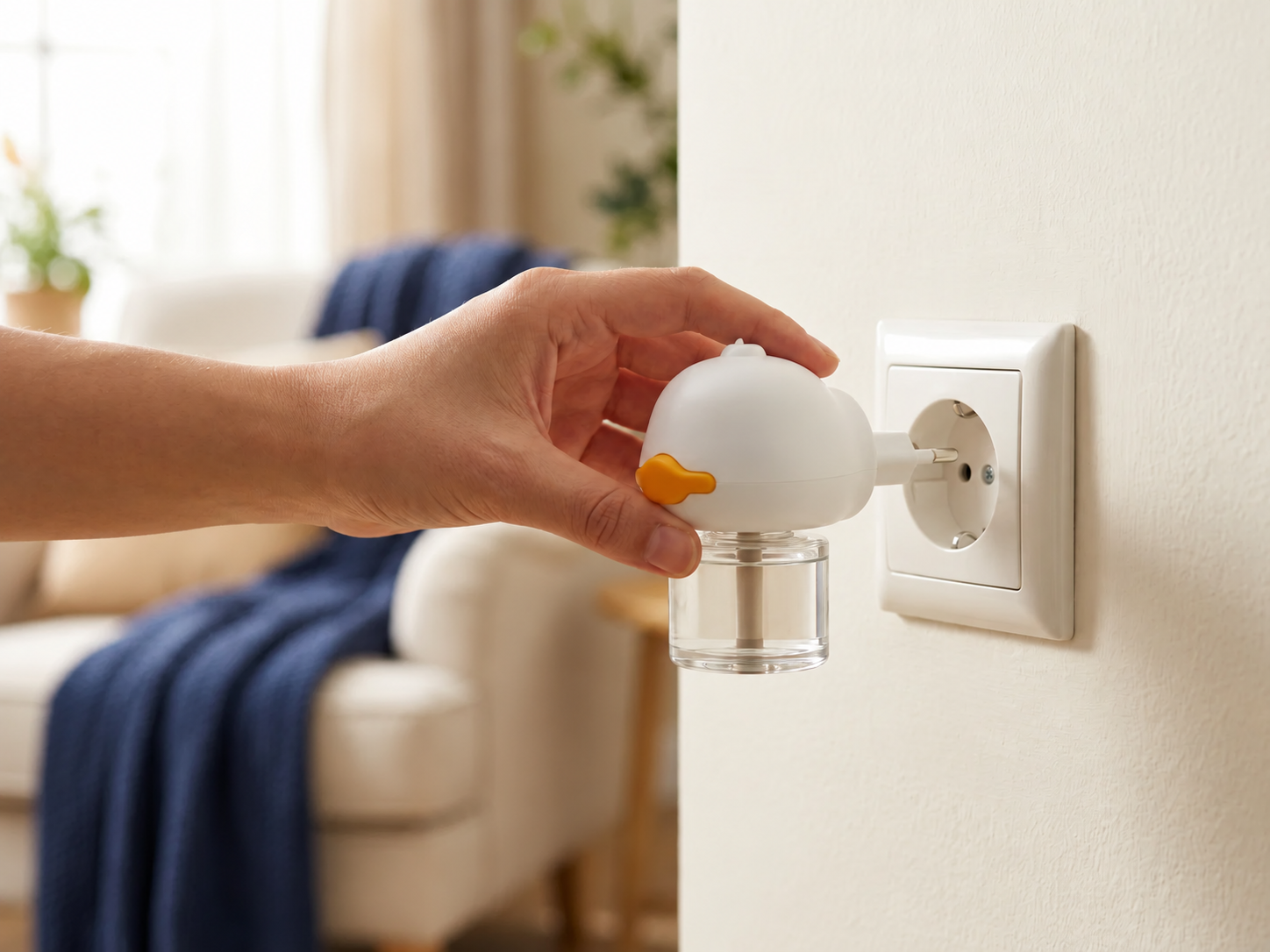 Une main débranche le diffuseur blanc de la prise murale