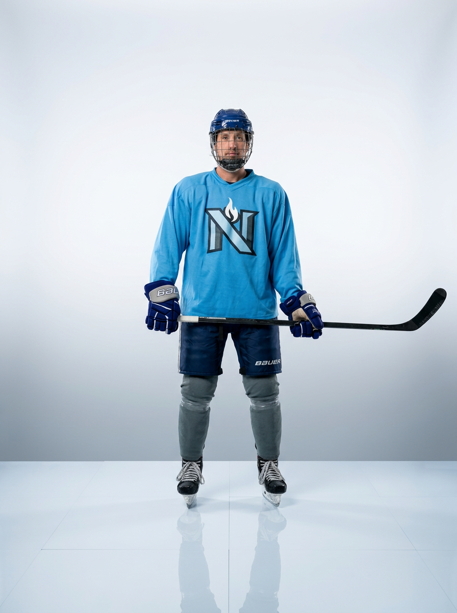 Man standing in blue ice hockey jersey, holding hockey stick, wearing helmet and skates