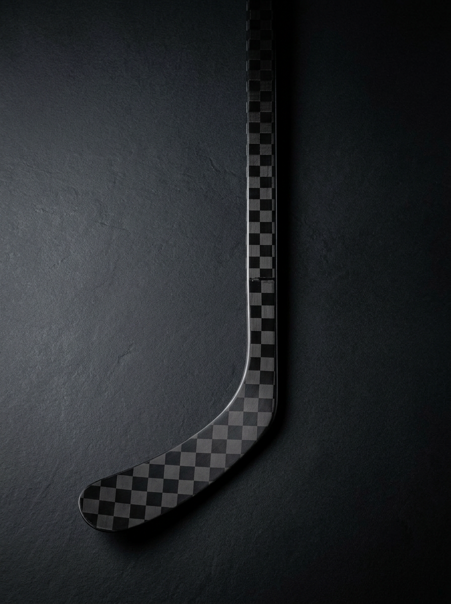 Close-up of a black hockey stick blade with a checkered pattern on a dark background