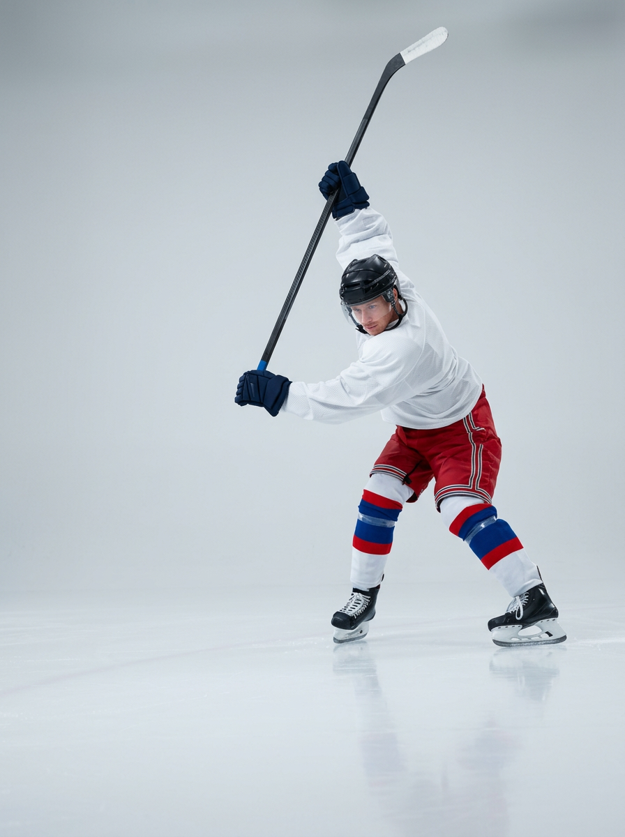 Male ice hockey player in white jersey and red shorts preparing to shoot on ice