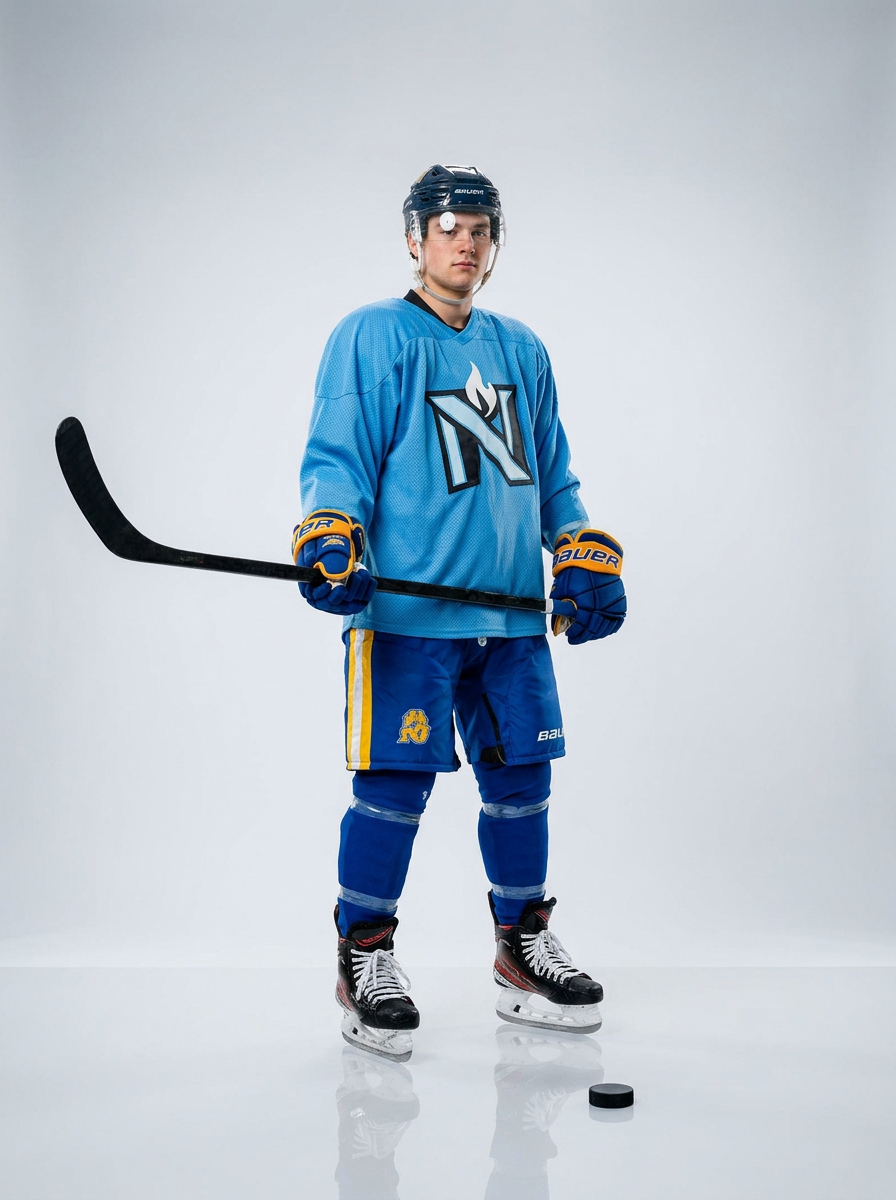 A male ice hockey player in blue uniform holding a hockey stick next to a puck