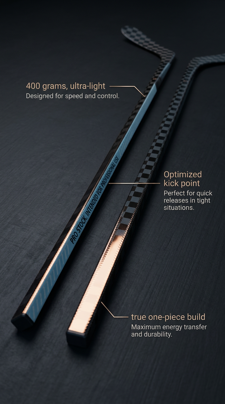 Two hockey sticks highlighting lightweight design, optimized kick point, and one-piece build