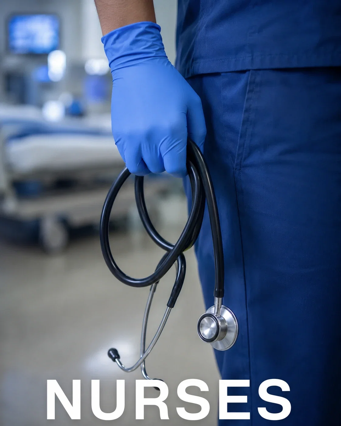 Nurses — a nurse in blue scrubs and a nitrile glove holding a stethoscope.