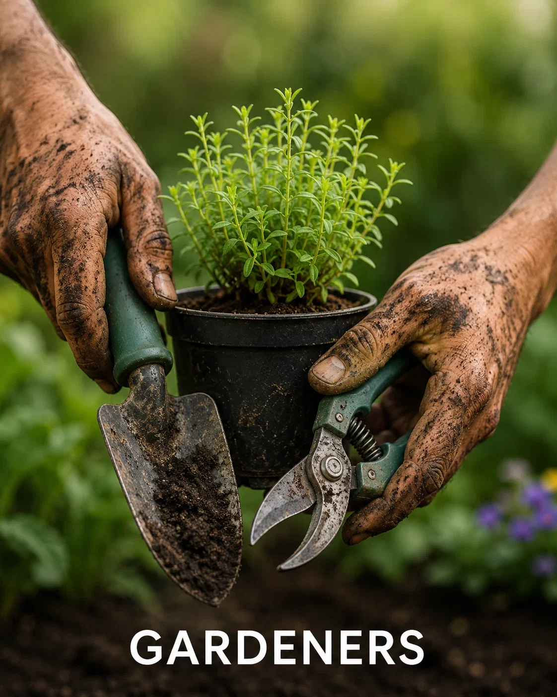 Gardeners — soil-covered hands holding a potted herb, trowel, and pruning shears.