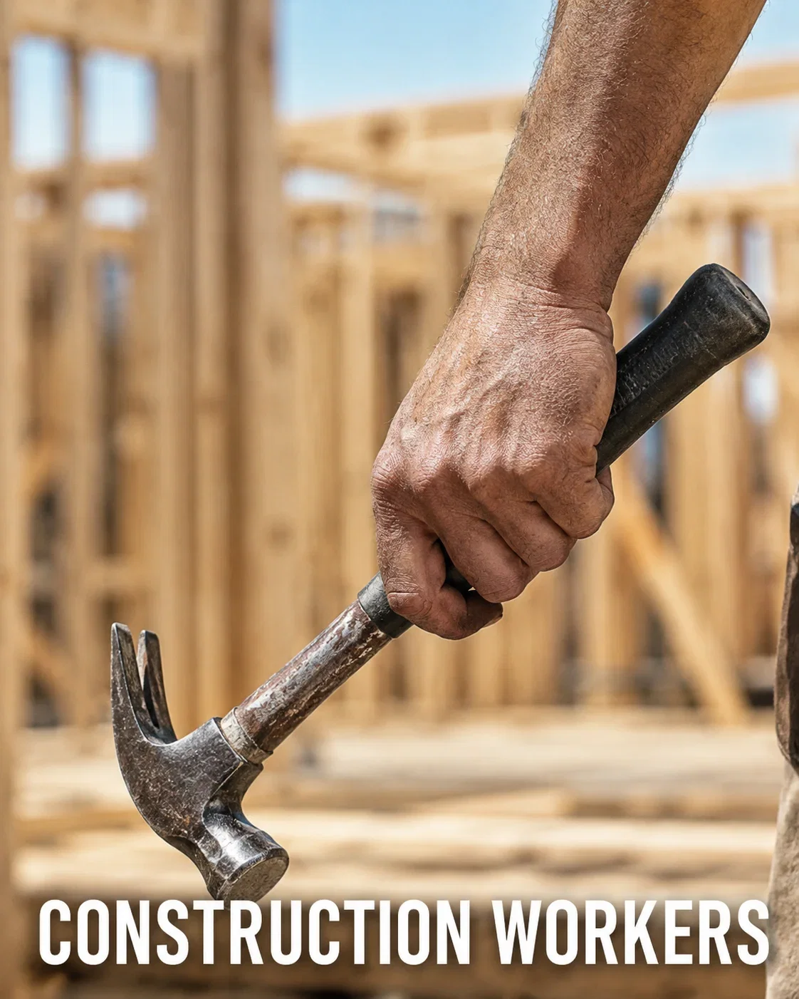 Construction workers — a weathered hand gripping a claw hammer at a framing site.
