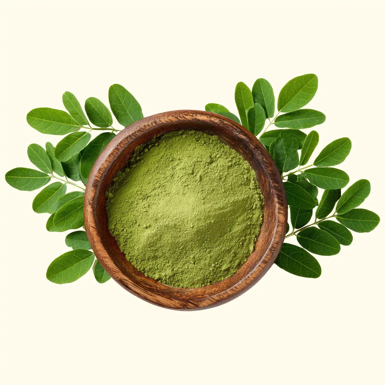 Green moringa leaf powder in a wooden bowl, surrounded by fresh moringa leaves.