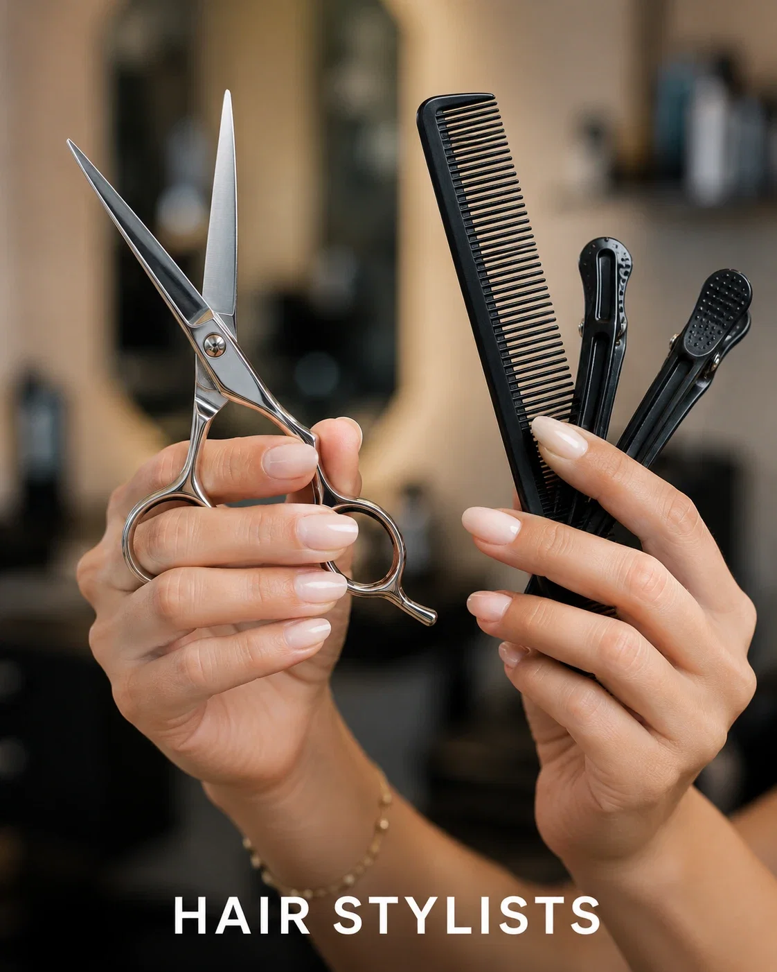 Hair stylists — hands holding shears, a comb, and sectioning clips in a salon.