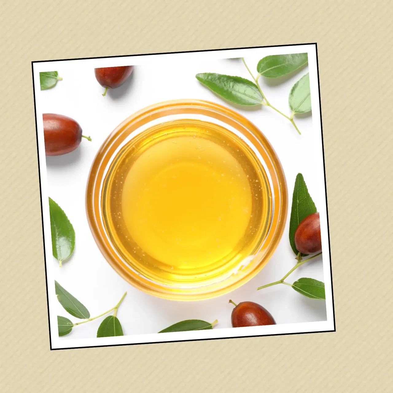Golden jojoba oil in a glass bowl, surrounded by jojoba seeds and green leaves.