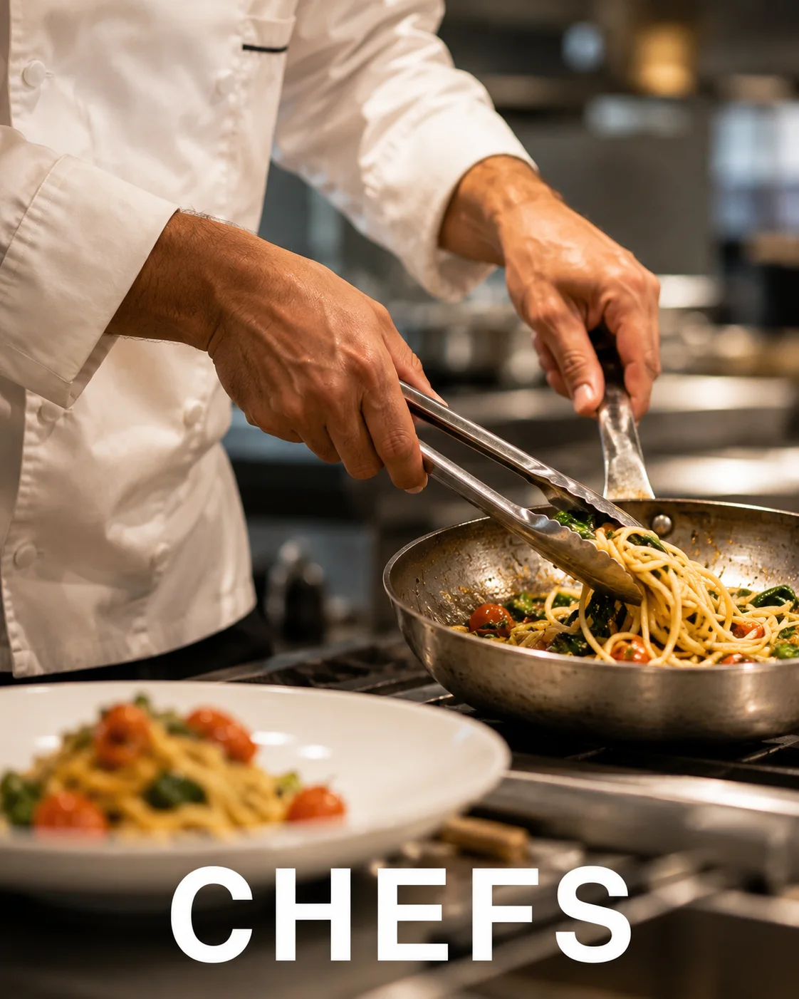 Chefs — a chef in whites plating pasta from a sauté pan with tongs.