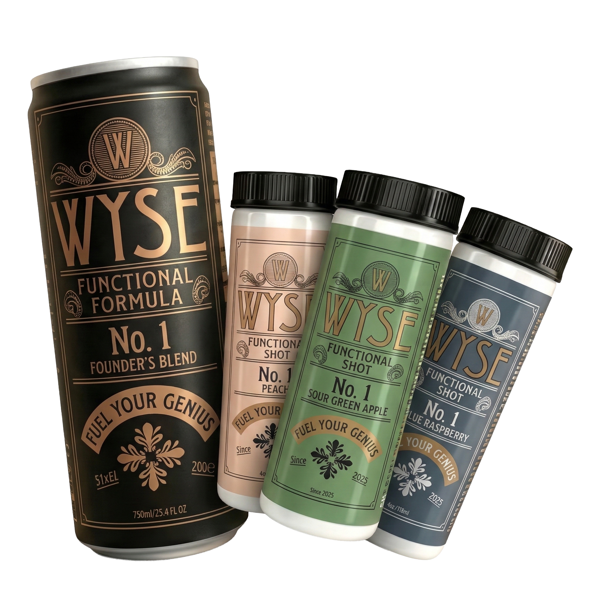 Wyse Founder's Blend can with Peach, Sour Green Apple and Blue Raspberry shots