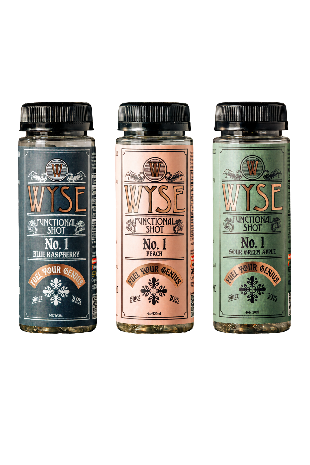 Three Wyse No. 1 functional shots in Blue Raspberry, Peach and Sour Green Apple