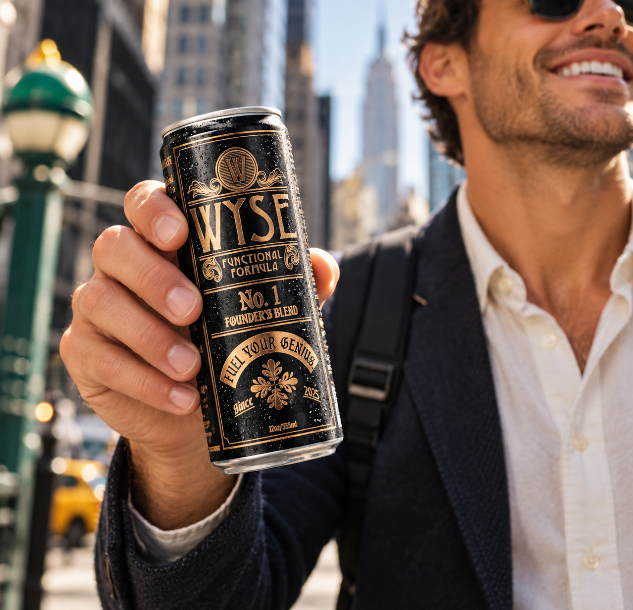 A smiling founder in a navy blazer holds up a black and gold Wyse Founder's Blend can on a sunny New York street