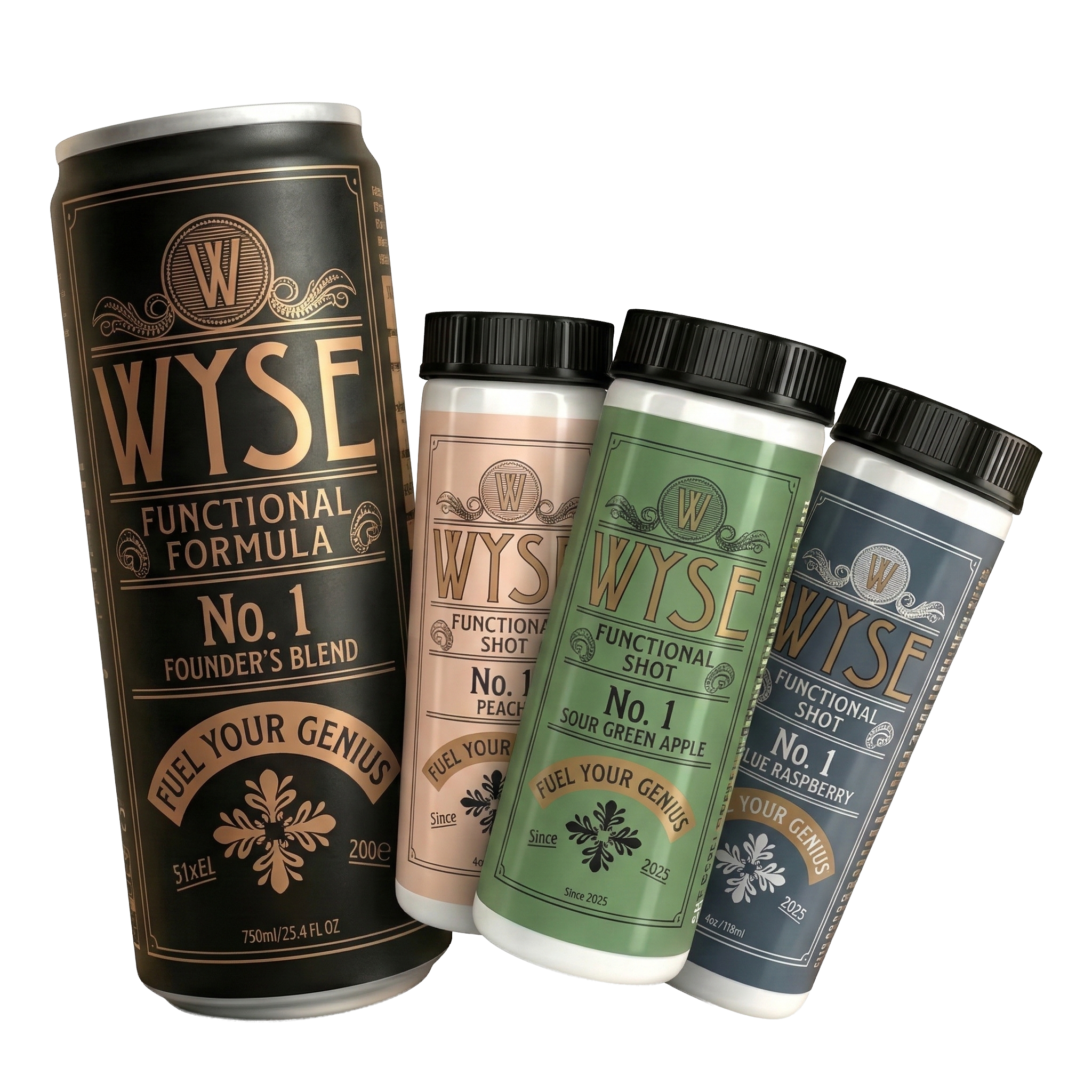 Wyse No. 1 Founder's Blend 12oz can beside Peach, Sour Green Apple and Blue Raspberry 4oz functional shots