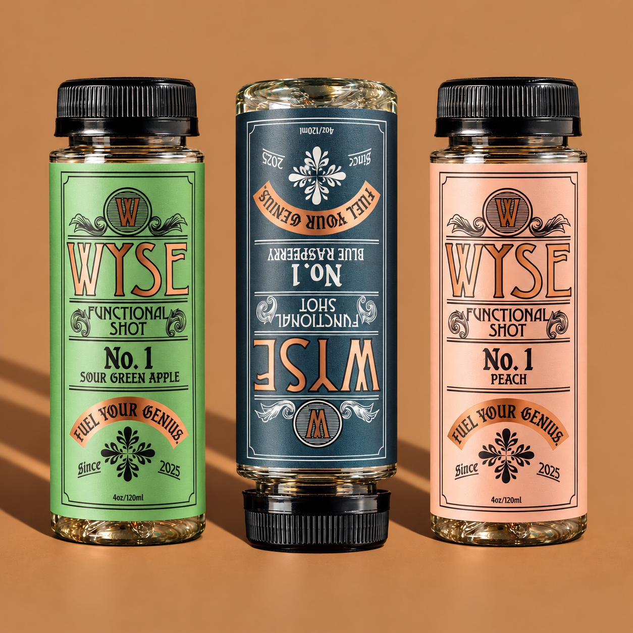 Wyse No. 1 functional shots in Peach, Sour Green Apple and Blue Raspberry