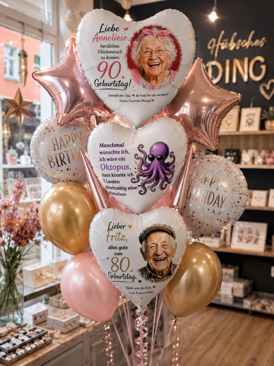 Personalisierte Heliumballons in Flensburg mit Fotomotiven, Geburtstagsgrüßen und individuellen Designs im Concept Store Hübsches Ding.