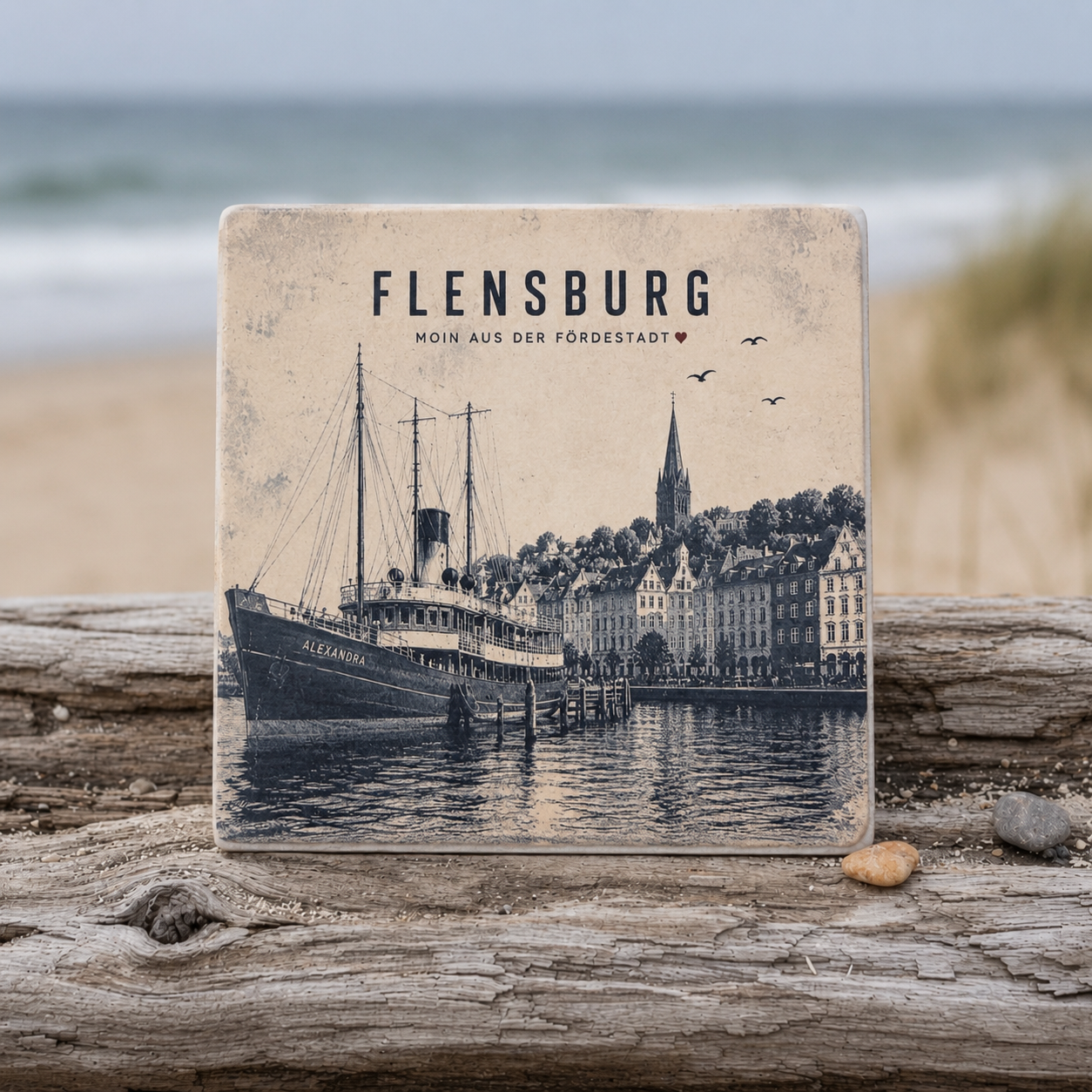 Bedruckte Fliese mit Flensburg-Motiv und historischem Dampfschiff Alexandra auf Treibholz vor einem unscharfen Strand- und Meereshintergrund.