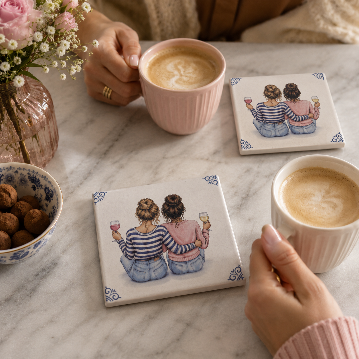 Bedruckte Fliesen als Untersetzer mit einem Motiv von zwei Freundinnen auf einem stilvoll gedeckten Tisch mit Kaffeetassen, Blumen und gemütlicher Wohnatmosphäre.