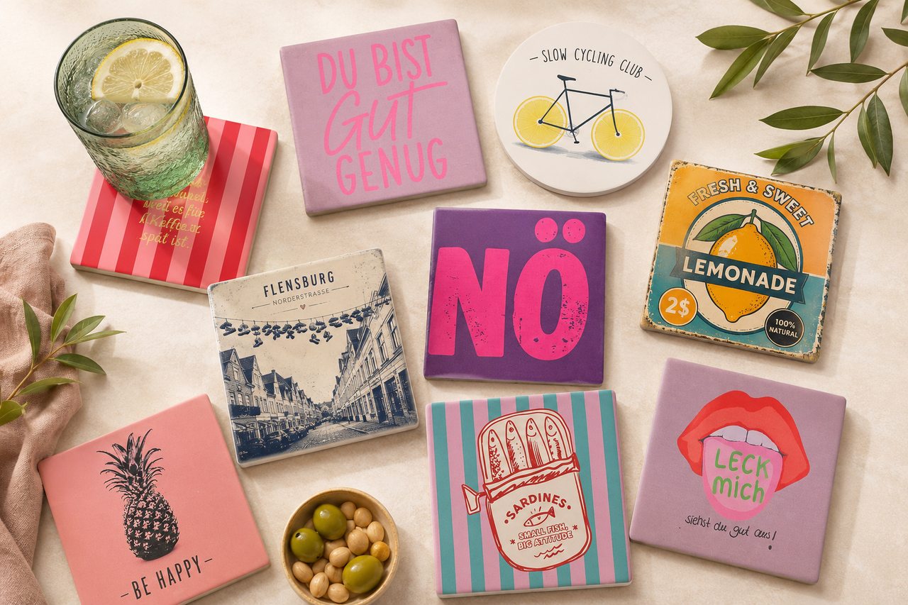 Herobild mit bedruckten Fliesen und Untersetzern in verschiedenen Designs – dekorativ arrangiert mit Getränk, Zitronen, Oliven und Naturdekoration als Inspiration für personalisierte Fliesen und Untersetzer.