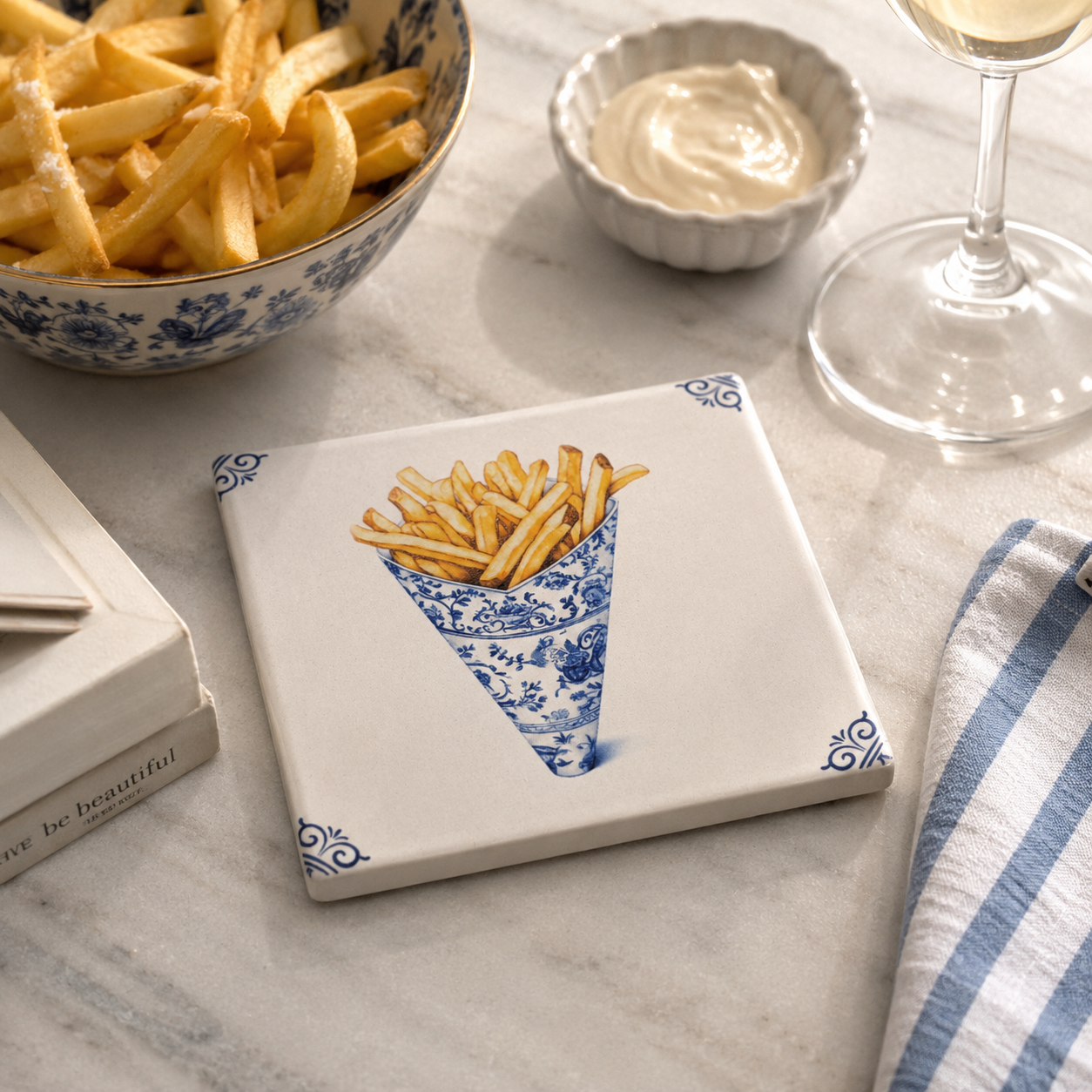 Bedruckte Fliese als Untersetzer mit einem Pommes-Motiv im Delfter Porzellan-Stil auf einem stilvoll gedeckten Tisch mit Pommes, Dip und Weißweinglas.