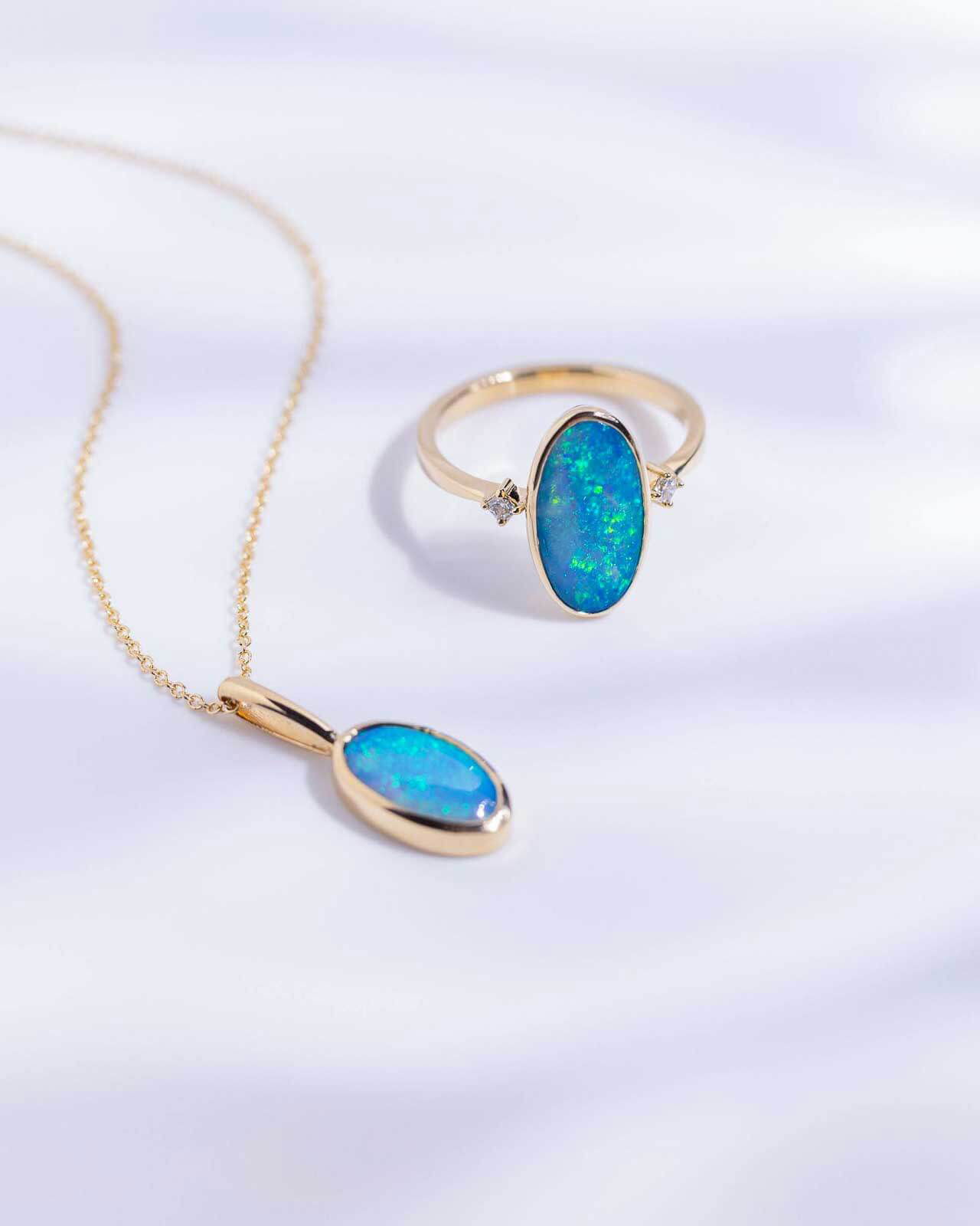 Opal ring with matching pendant necklace in 14k gold, custom design by Sara Gallo, Lancaster PA.
