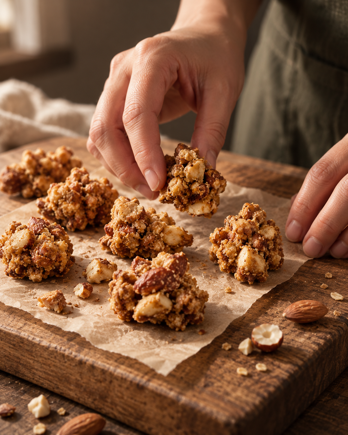 Hand picking up nut and oat clusters on parchment paper on wooden board