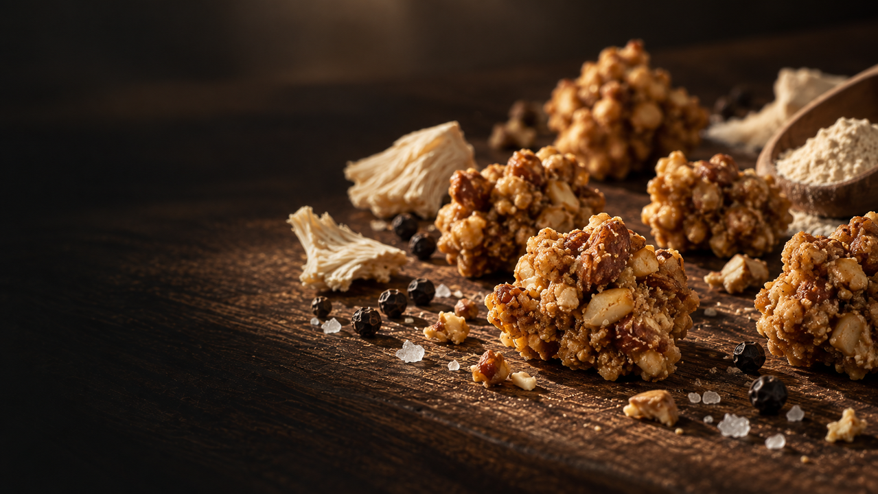 Close-up of nutty granola clusters with salt, peppercorns, and herbs on wooden surface