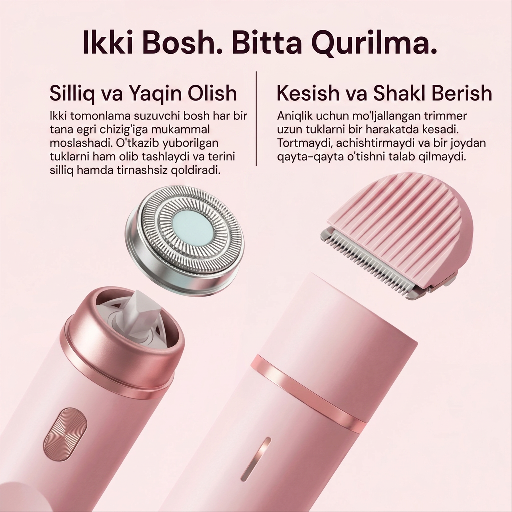 Two pink grooming devices, one electric shaver with a circular head and one trimmer with a comb attachment
