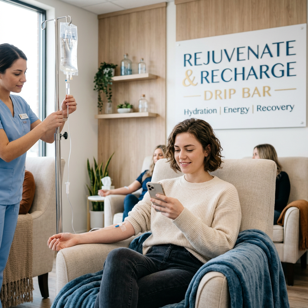 A woman seated comfortably receiving intravenous therapy at Rejuvenate & Recharge Drip Bar
