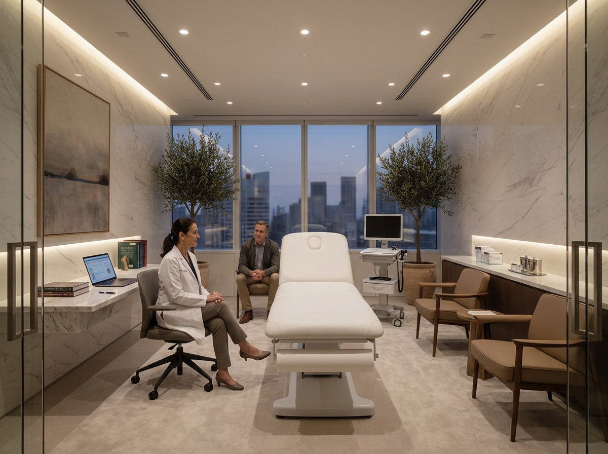 Doctor and patient in a spacious consultation room with a medical examination bed and city view
