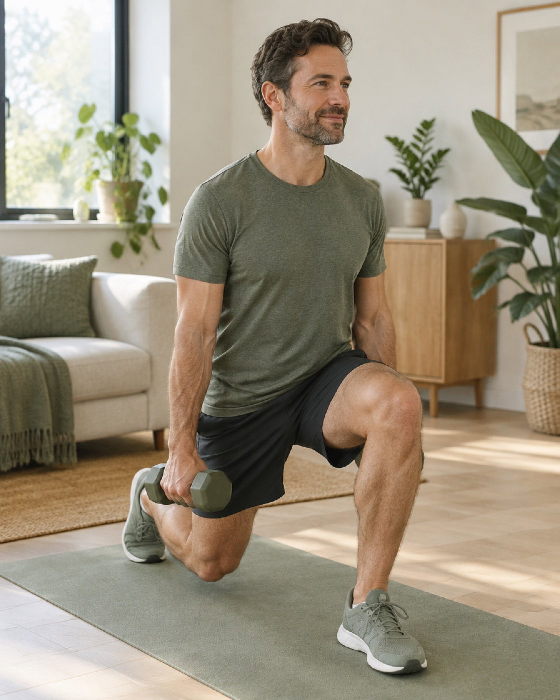 A smiling man in a sage T-shirt doing a lunge with a dumbbell in a bright living room