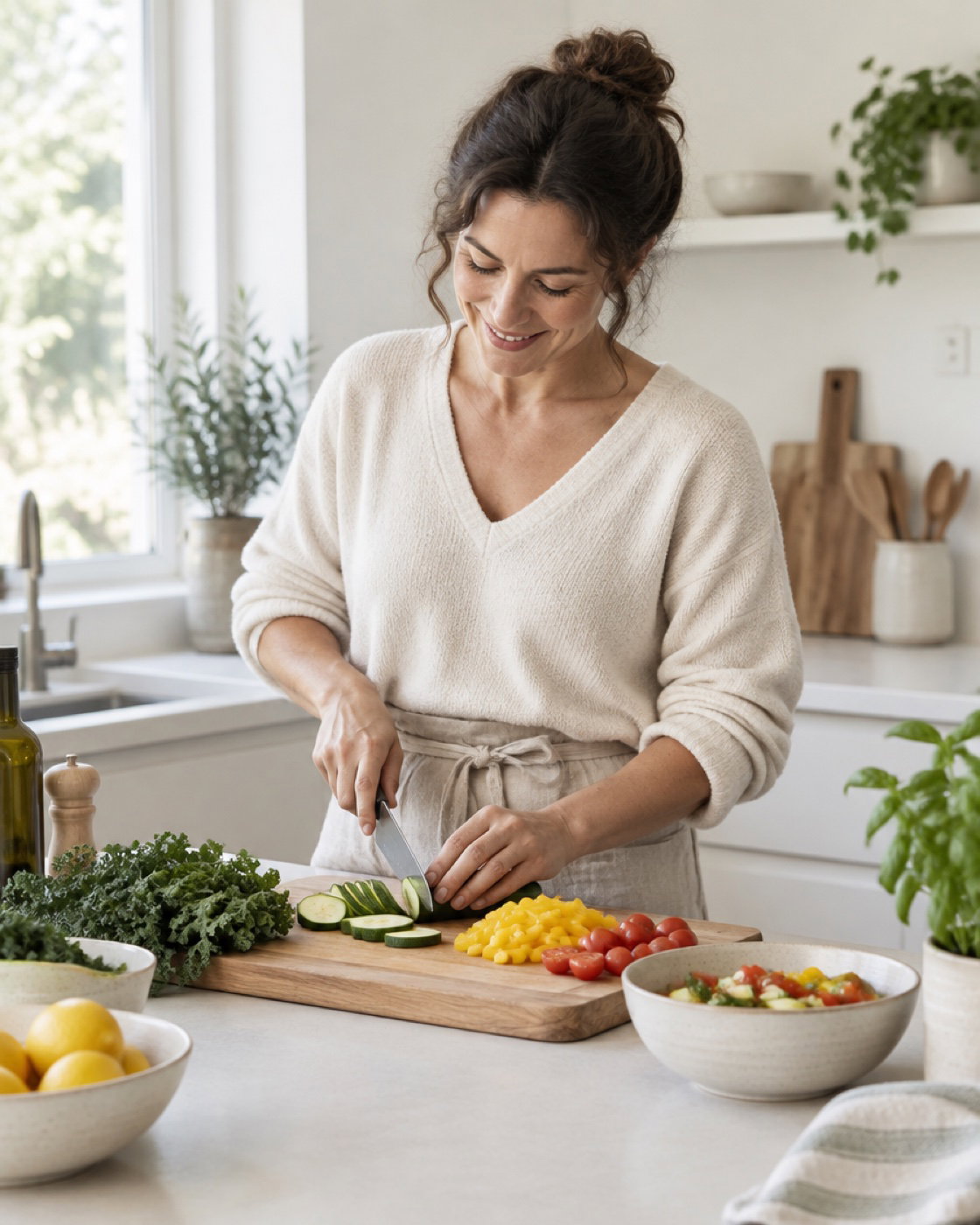 A smiling woman slicing fresh vegetables on a wooden board in a bright kitchen