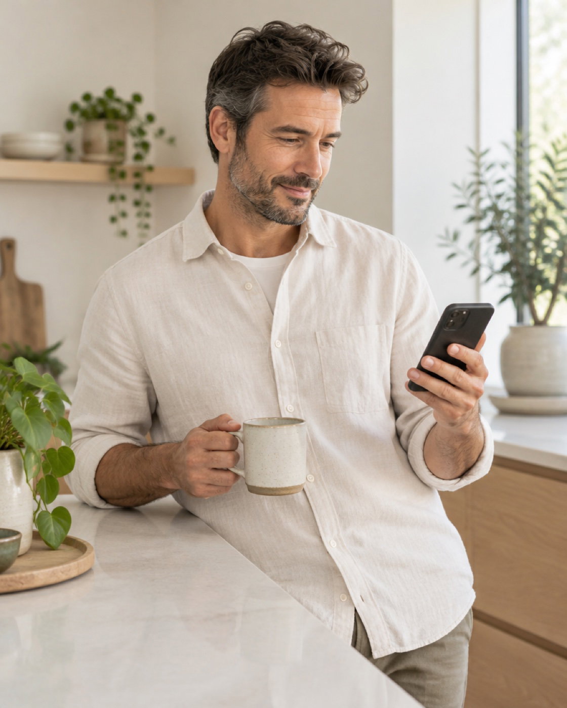 A man leaning on a kitchen counter with a coffee mug, looking at his phone