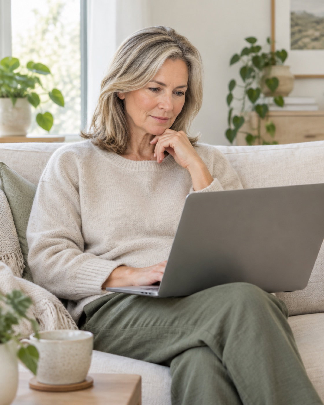 A woman sitting on a sofa at home, reading on her laptop
