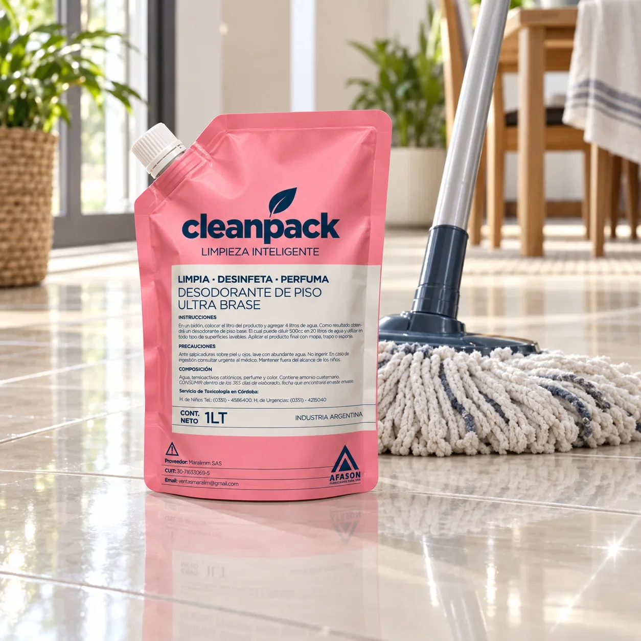 Doypack de CleanPack sobre una superficie húmeda con reflejos
