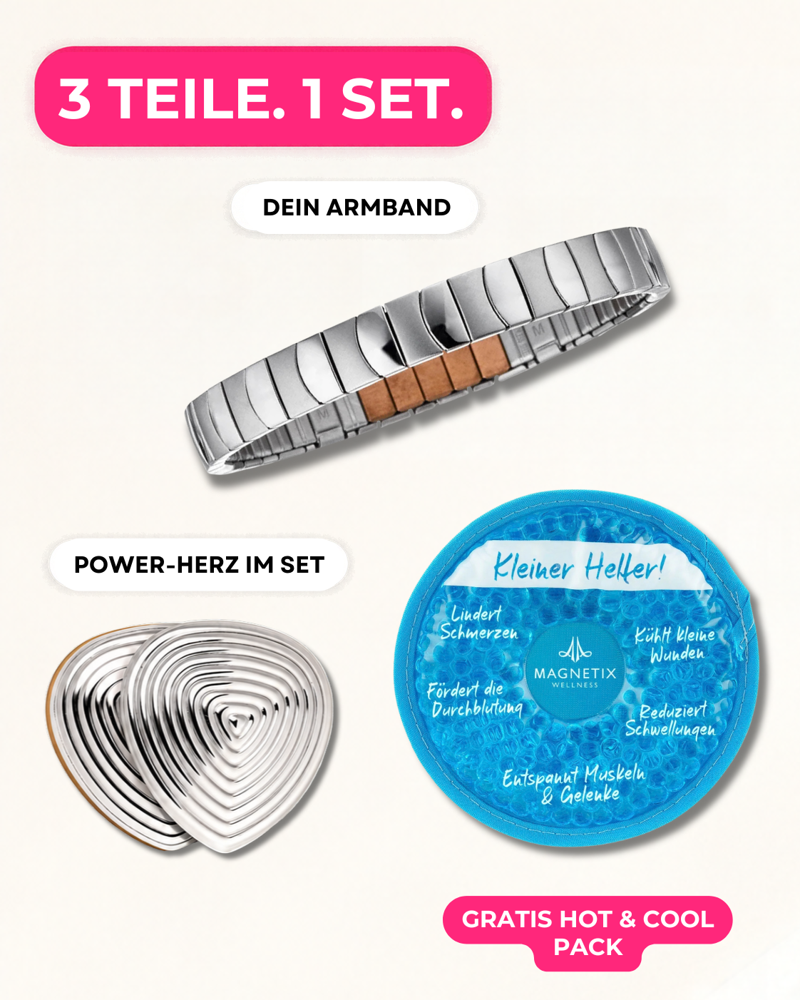Das Set: Flexi-Armband Classix Silber Matt-Glanz, Power-Herz mit Gegenstück und gratis Hot und Cool Pack