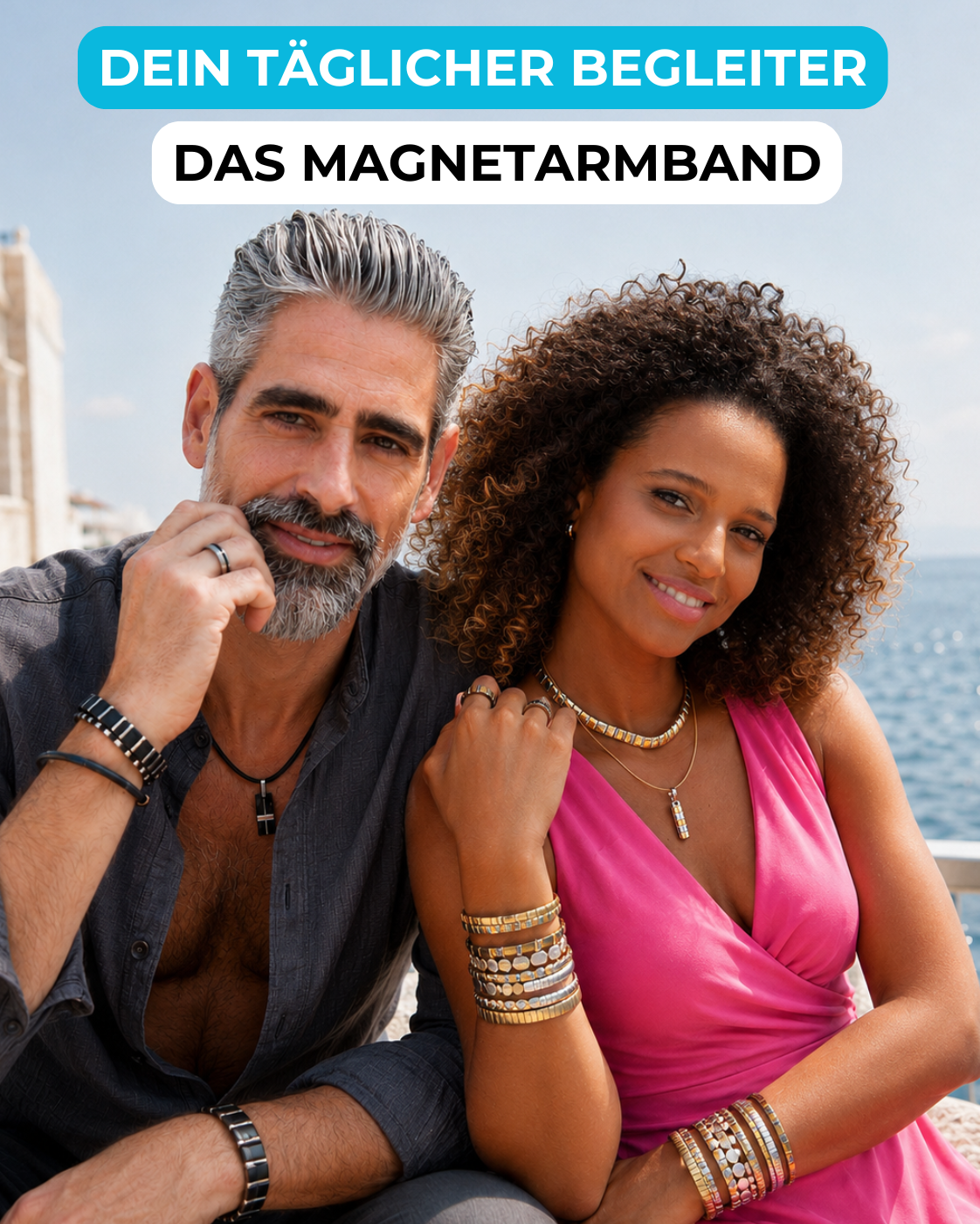 Mann und Frau am Meer tragen Magnetarmbänder in Silber, Schwarz-Silber und Gold
