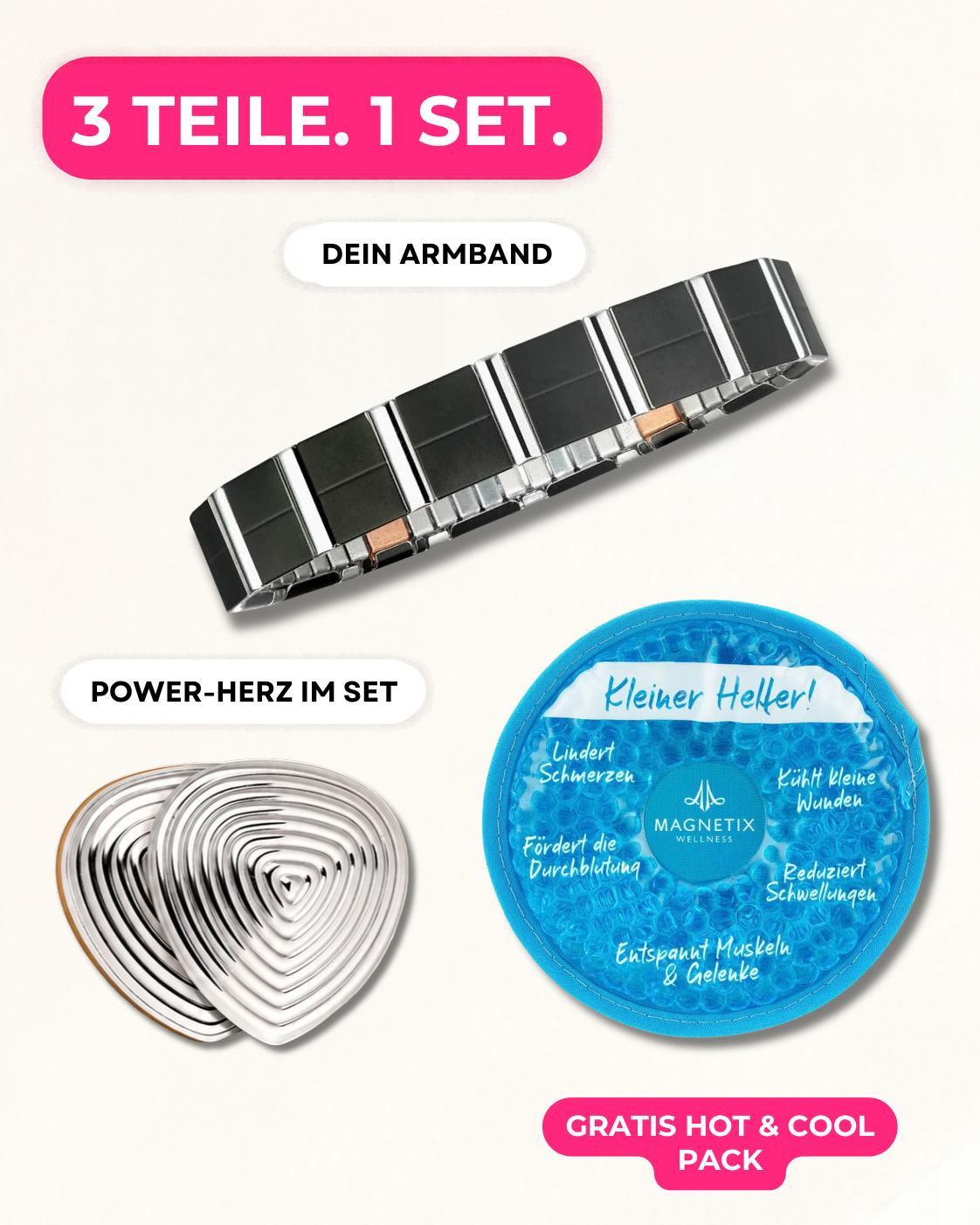 Das Set: Flexi-Armband Schwarz-Silber, Power-Herz mit Gegenstück und gratis Hot und Cool Pack