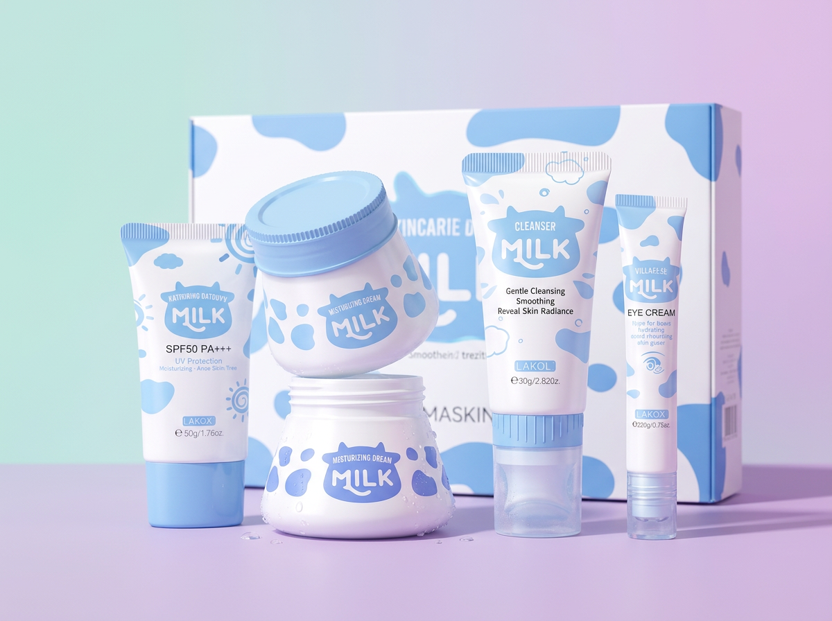 Five blue and white skincare products with milk designs on a pastel purple surface