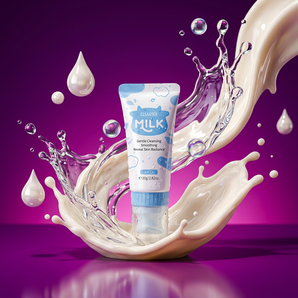 Tube of milk cleanser surrounded by white liquid splash and droplets on purple background