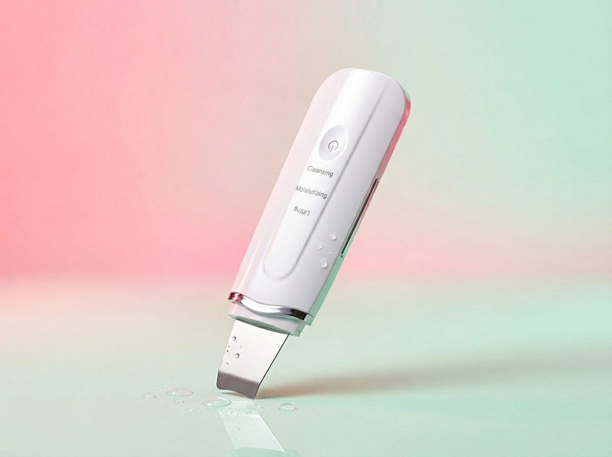 White ultrasonic skin scrubber with a metal spatula tip and water droplets on surface