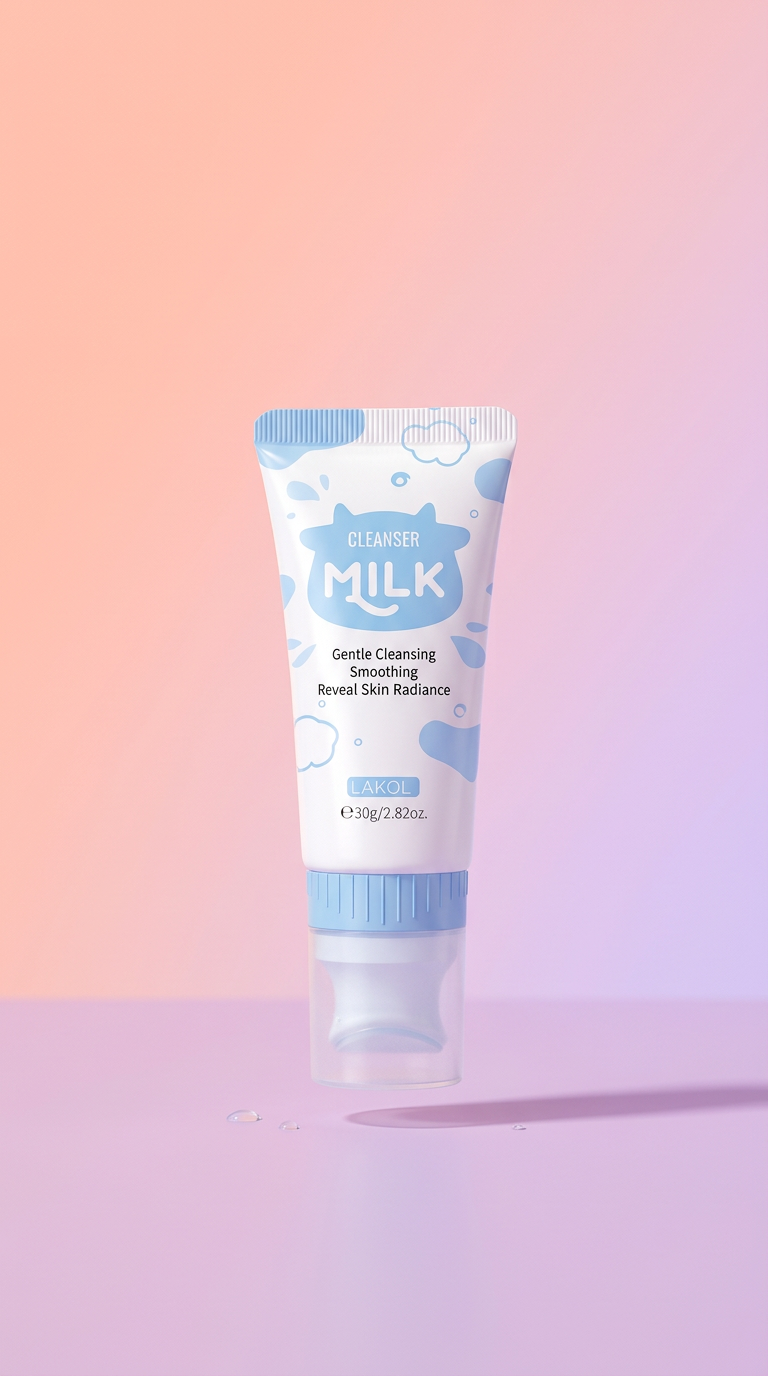 Tube of milk cleanser with blue and white design on a pink and purple gradient background