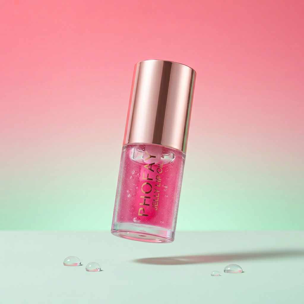 Close-up of a pink Phiofay Jelly Lip Oil bottle with a rose gold cap on a pastel pink and green background