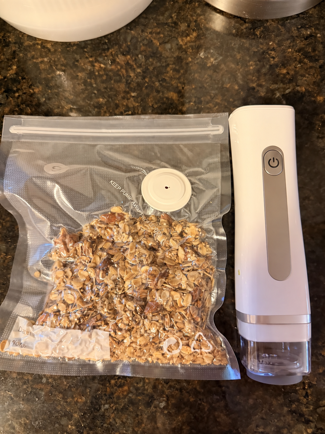 Homemade granola vacuum sealed in a reusable bag