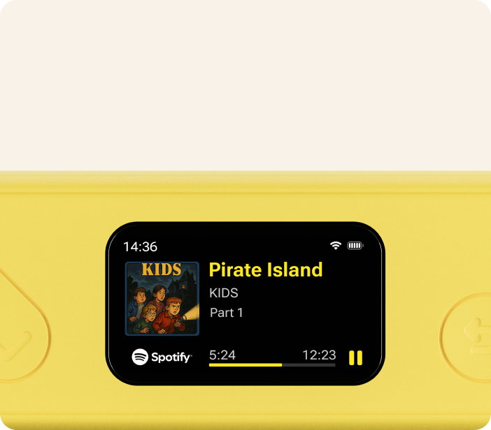The Flip's mini status display showing a Spotify story